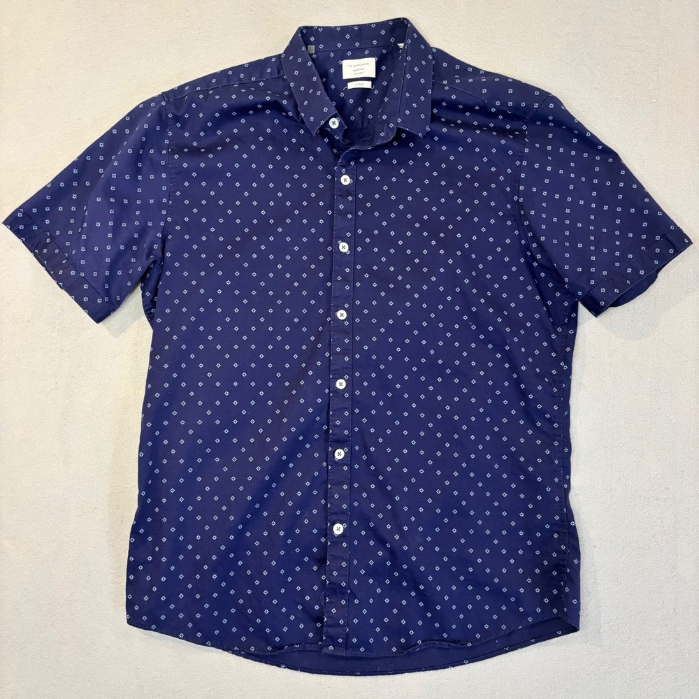 7 Diamonds Mens Navy Blue Geometric Diamond Print Short Sleeve Slim Fit Shirt L
